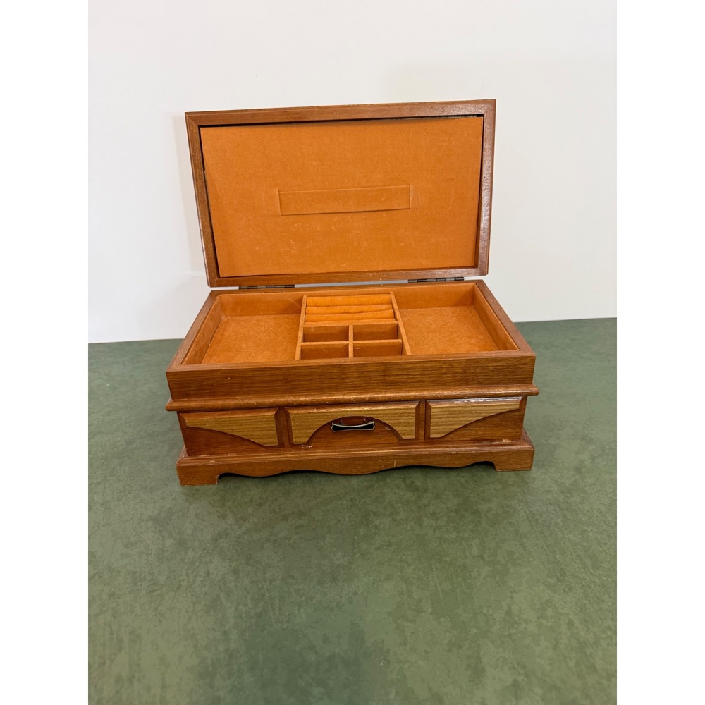 Vintage Wooden Jewelry Box Mid Century Modern Oak Finish Orange Velvet Lining
